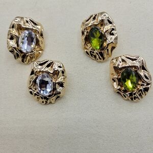 Hammered Goldtone Earrings • Beautiful Center Gem • Brand New • White or Green